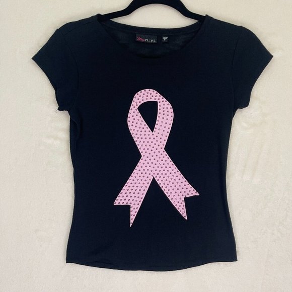 Ultra Flirt Pink Ribbon Pink Studs Black Short Sleeve Top Women's Size Small - Picture 1 of 8